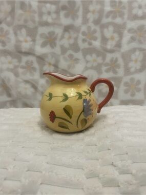 Pfaltzgraff Yellow Floral Hand-Painted Creamer with Red Trim